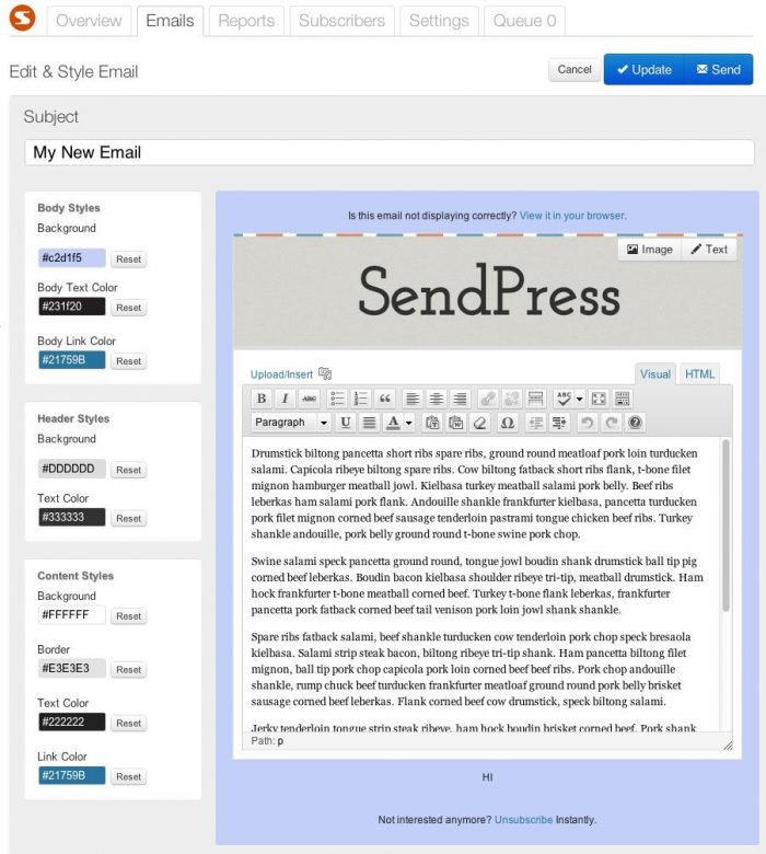 sendpress email editor