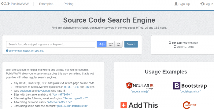 PublicWWW Source Code Search Engines